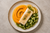 Fryst torskrygg i ugn med sötpotatispuré och zucchini